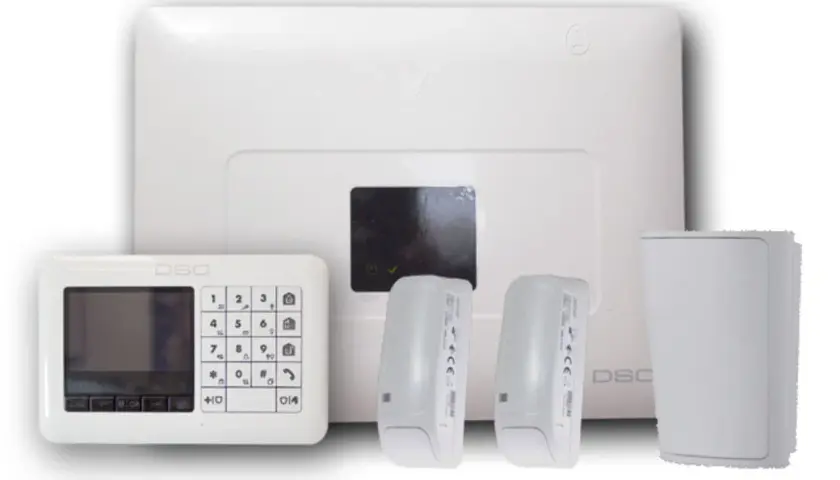 Ein weißes DSC-Alarmsystem mit Tastatur, Hauptpanel und Bewegungsmeldern.