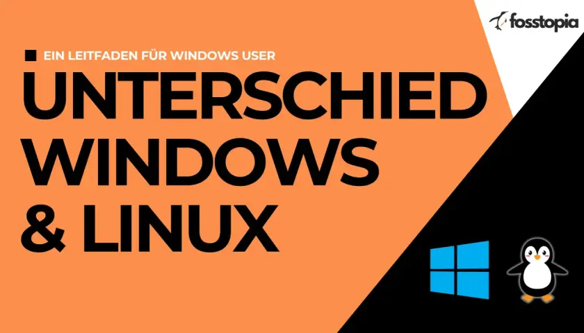 Leitfaden für Windows-Nutzer: Unterschiede zwischen Windows und Linux. Das Bild zeigt das Windows-Logo und einen Tux-Pinguin.