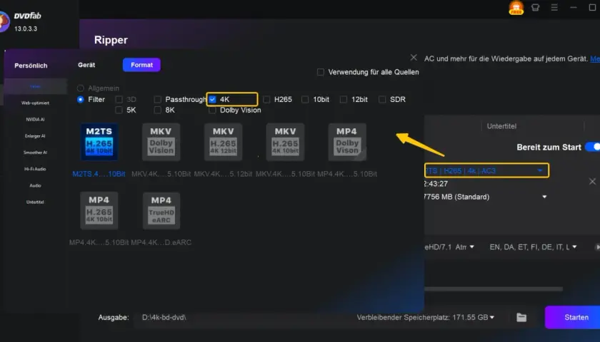DVDFab Ripper: 1080p Video-Formatierung mit 4K-Optionen. Hier wird ein 4K-Video für die Wiedergabe vorbereitet.