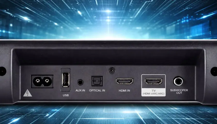 Rückseite einer Soundbar mit Anschlüssen: USB, AUX IN, OPTICAL IN, HDMI IN und TV (HDMI eARC/ARC) für beste Audioqualität.