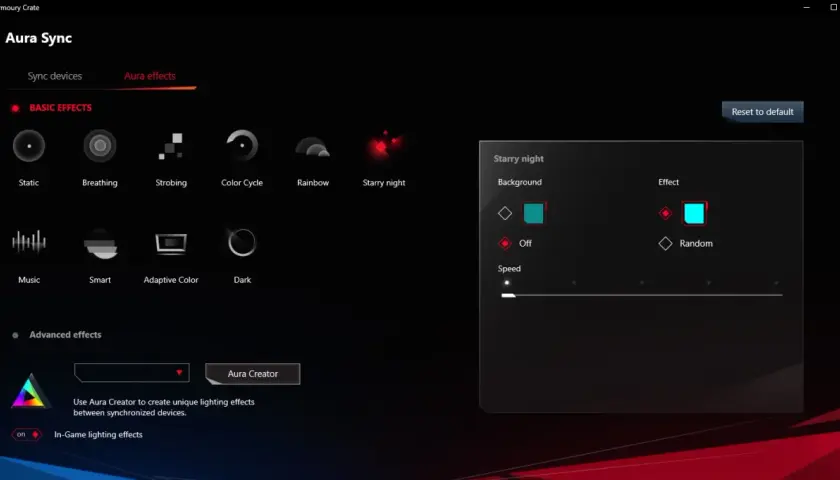 ASUS Aura Sync: Steuerung für RGB-Effekte wie "Starry Night" mit Farb- und Geschwindigkeitsanpassung.
