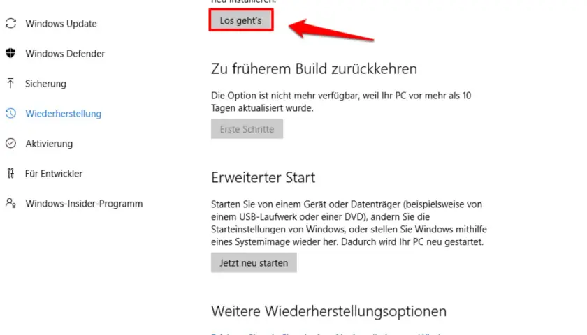 Windows-Einstellungen: Wiederherstellung. "Los geht's" für frühere Builds ist nicht verfügbar. Erweiterter Start für Windows-Werkseinstellungen.