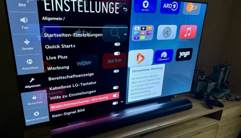 LG TV-Einstellungen: "Bildschirmschoner-Werbung" ist ausgewählt. Hier kann man einstellen, ob Werbung auf dem Bildschirmschoner erscheinen soll.