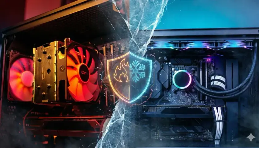 Vergleich: AIO vs. Air Cooler. Links ein PC mit einem großen Air Cooler, rechts ein PC mit einer AIO-Wasserkühlung. Ein Schild mit Flamme und Schneeflocke trennt die beiden Systeme.