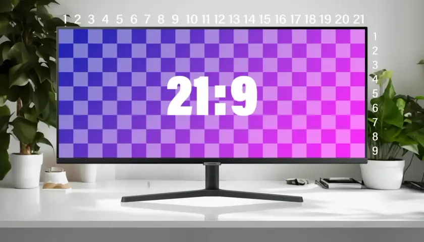 Breiter Monitor mit Schachbrettmuster und "21:9" Schriftzug. Vergleicht das Seitenverhältnis 21:9 vs 16:9.