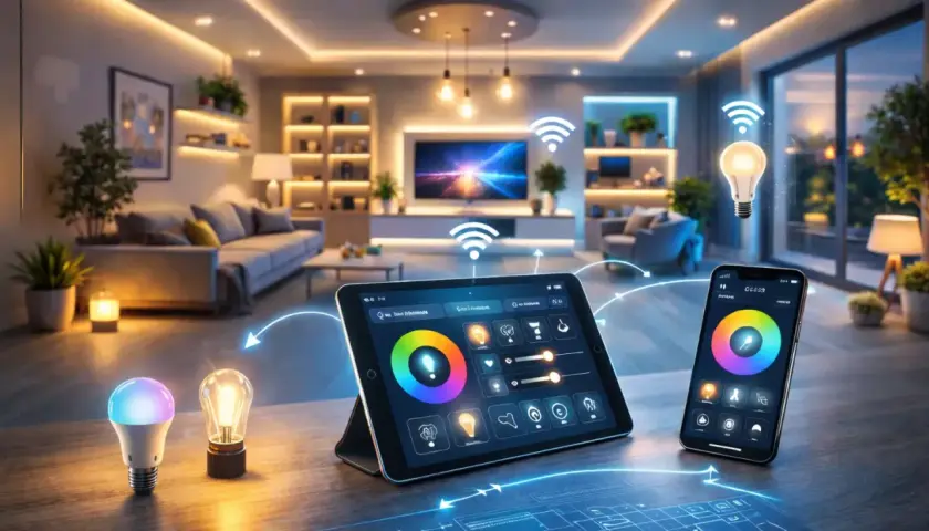 Ein Tablet und Smartphone steuern das Licht im Wohnzimmer. So einfach lässt sich ein **smart home einrichten**.