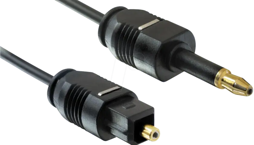 Zwei Toslink-Stecker, die die optischen Kabelunterschiede verdeutlichen. Einer mit goldener Spitze, der andere mit rechteckigem Anschluss.