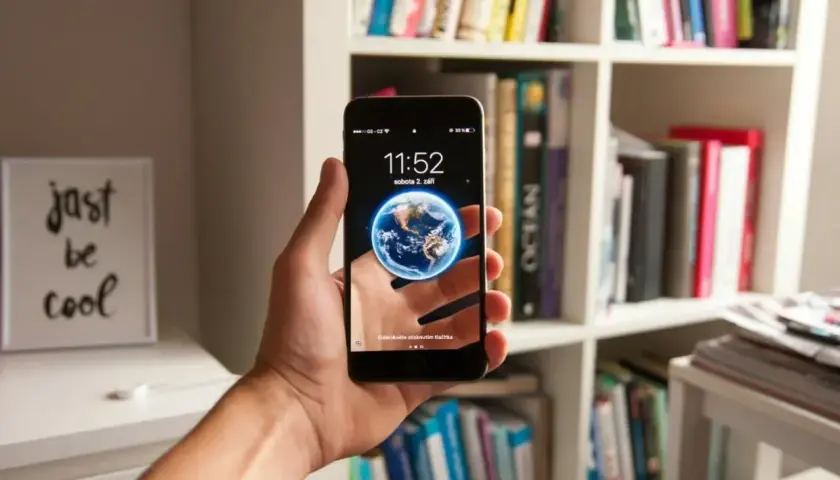 Hand hält Smartphone mit Erd-Hintergrund. Das neue Betriebssystem zeigt die Uhrzeit und das Datum. Im Hintergrund ein Bücherregal.