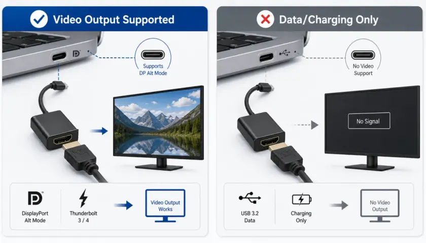 Links: Laptop mit DisplayPort Alt Mode und Thunderbolt 3/4 unterstützt Videoausgabe. Rechts: USB 3.2 Daten/Laden ohne Video. HDCP ist hier nicht das Thema.