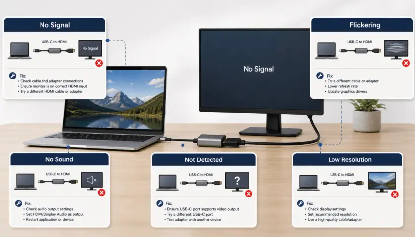 Fehlerbehebung: Wenn USB-C auf HDMI nicht funktioniert, werden Probleme wie "Kein Signal", "Kein Ton", "Nicht erkannt", "Flimmern" oder "Niedrige Auflösung" angezeigt.