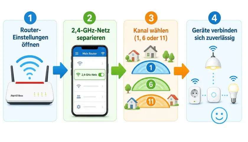 Schritt-für-Schritt-Anleitung zur Optimierung der zigbee frequenz: Router-Einstellungen öffnen, 2,4-GHz-Netz separieren, Kanal wählen (1, 6 oder 11) für zuverlässige Geräteverbindung.