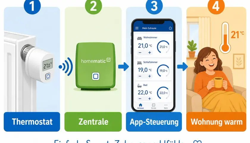 Homematic IP Thermostat, Zentrale, App-Steuerung für Google Home. So wird die Wohnung warm und gemütlich.