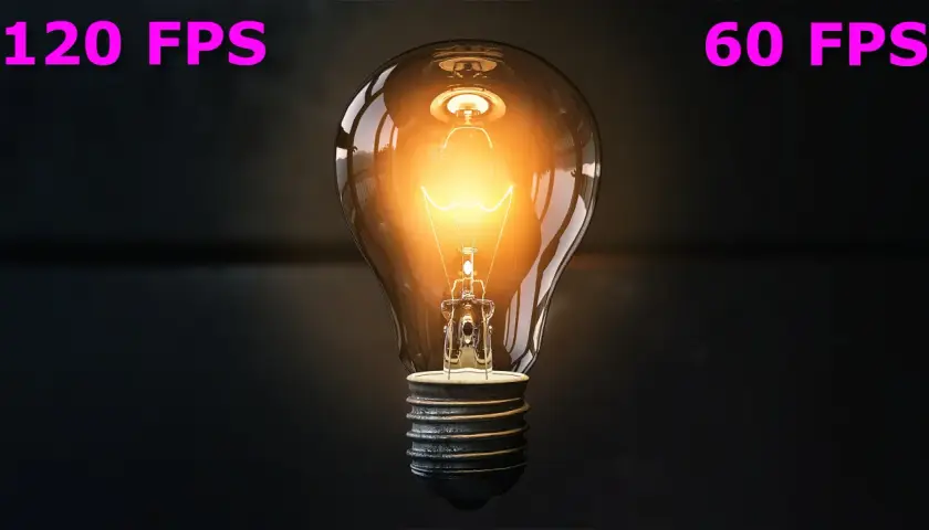 Glühende Glühbirne im Dunkeln, mit Texten "120 FPS" und "60 FPS". Ein Vergleich der Bildraten, der die Flüssigkeit der Bewegung zeigt.