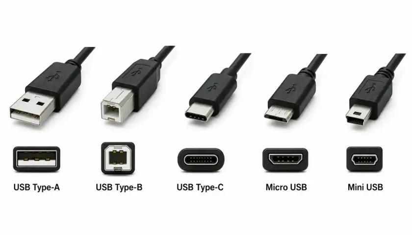 Verschiedene welche USB Stecker: Type-A, Type-B, Type-C, Micro USB und Mini USB.