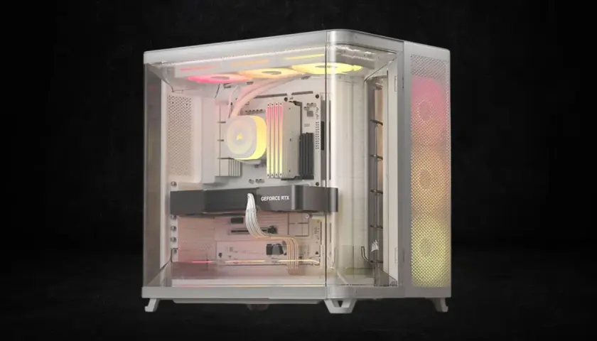 Ein moderner PC-Gehäuse mit RGB-Beleuchtung, bereit für den PC hardware test. Innen sind eine Grafikkarte und Lüfter sichtbar.