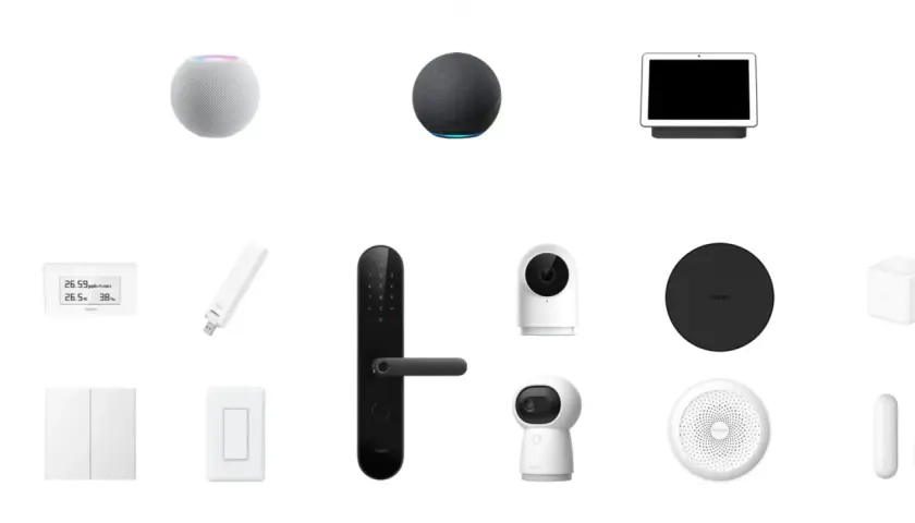 Smart Home Geräte wie Kameras, Türschlösser und Schalter, steuerbar über eine matter smart home app.