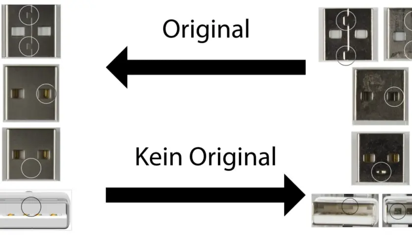 Vergleich von USB-Anschlüssen: Original vs. Kein Original. Hilft, das Kabel richtig zu identifizieren.