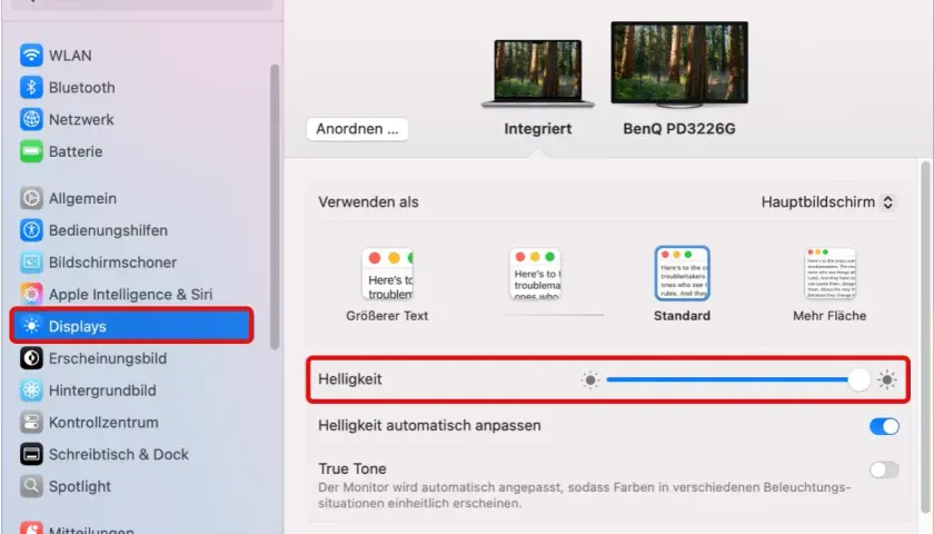 Einstellungen für die Helligkeit des Bildschirms. Der Regler erlaubt das Anpassen der Helligkeit, um das Bild besser zu sehen.