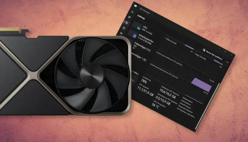 Grafikkarte mit Lüfter und Task-Manager, der die GPU-Temperatur von 56 °C anzeigt.