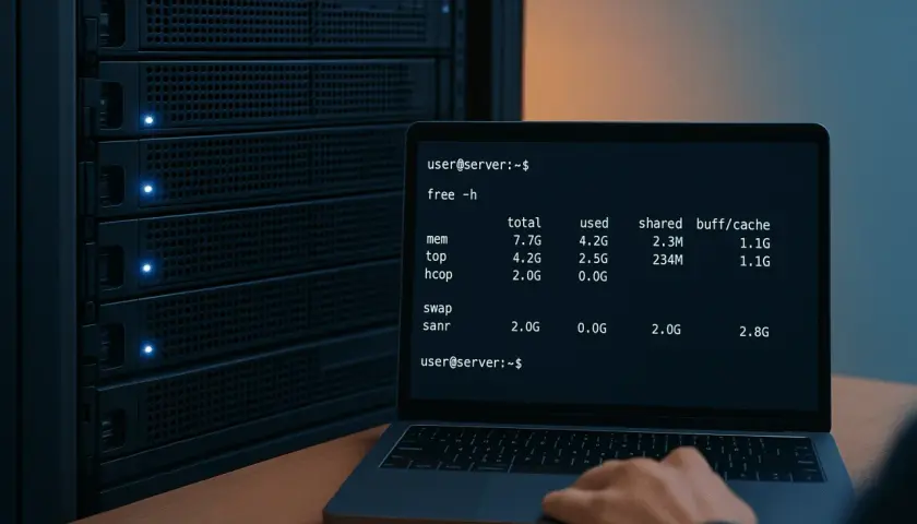 Ein Laptop zeigt den Befehl "free -h" an, um den RAM auslesen zu lassen. Im Hintergrund steht ein Server-Rack.