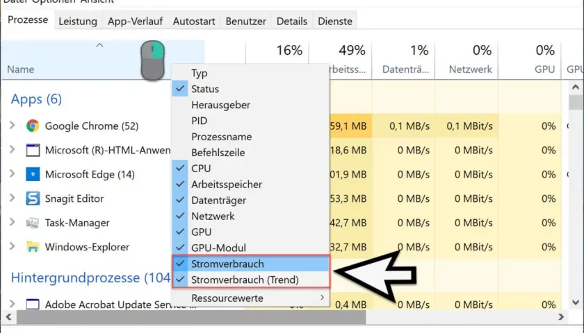 Im Task-Manager wird der Stromverbrauch von Apps angezeigt. So kannst du den pc stromverbrauch berechnen.