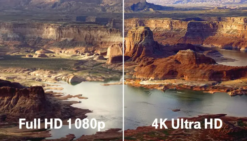 Vergleich: Was ist besser HD oder 4K? Die rechte Seite zeigt eine atemberaubende 4K-Auflösung mit lebendigen Farben und Details, während die linke Seite die Full HD-Version darstellt.