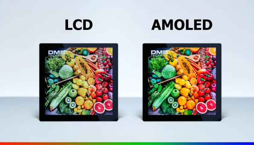 Vergleich von LCD und AMOLED Displays mit lebendigen Obst- und Gemüsemotiven. AMOLED zeigt kräftigere Farben.