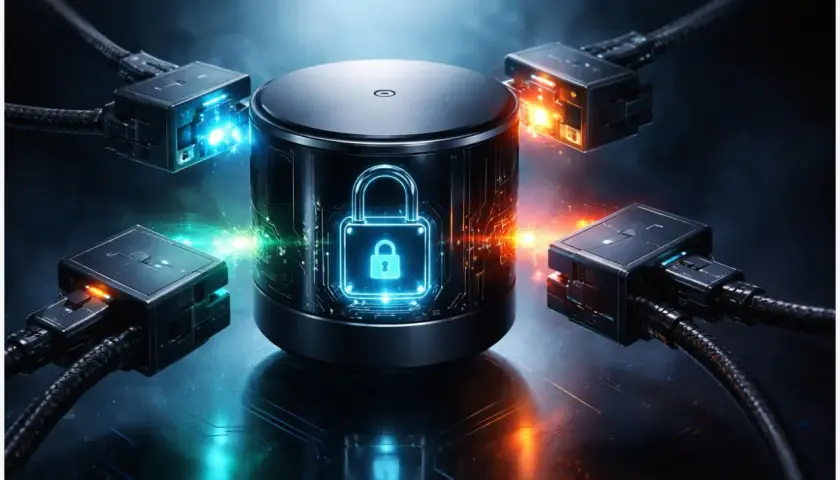 Zentrales Gerät mit leuchtendem Schloss-Symbol, verbunden mit mehreren Kabeln. Ein Symbol für smart home neuheiten und Datensicherheit.