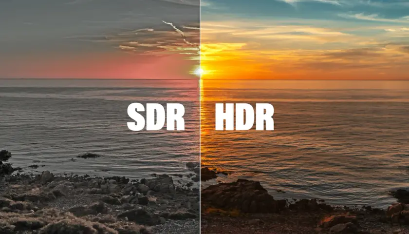 Sonnenuntergang am Meer: links SDR, rechts HDR. Die HDR-Version zeigt lebendigere Farben und mehr Details.