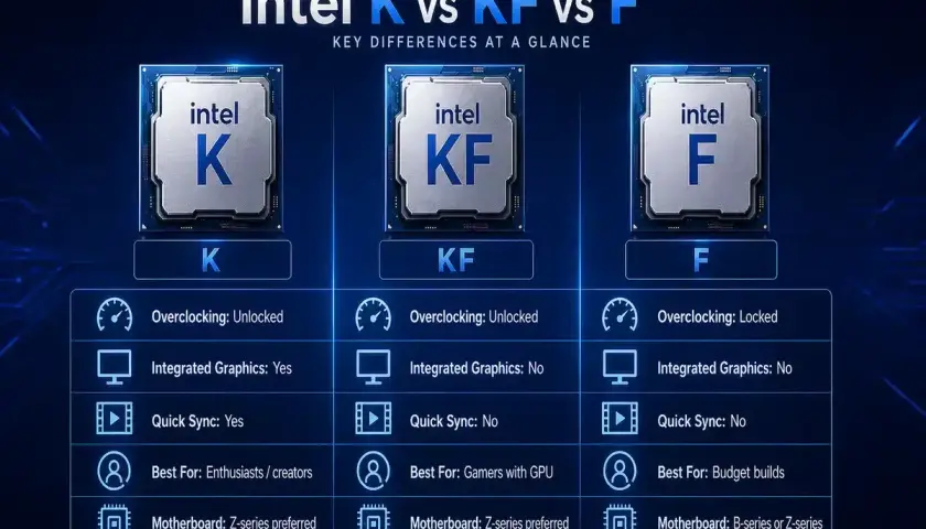 Vergleich von Intel K, KF und F Prozessoren: K und KF sind übertaktbar, F nicht. K hat integrierte Grafik, KF und F nicht. K für Enthusiasten, KF für Gamer, F für Budget-Builds.