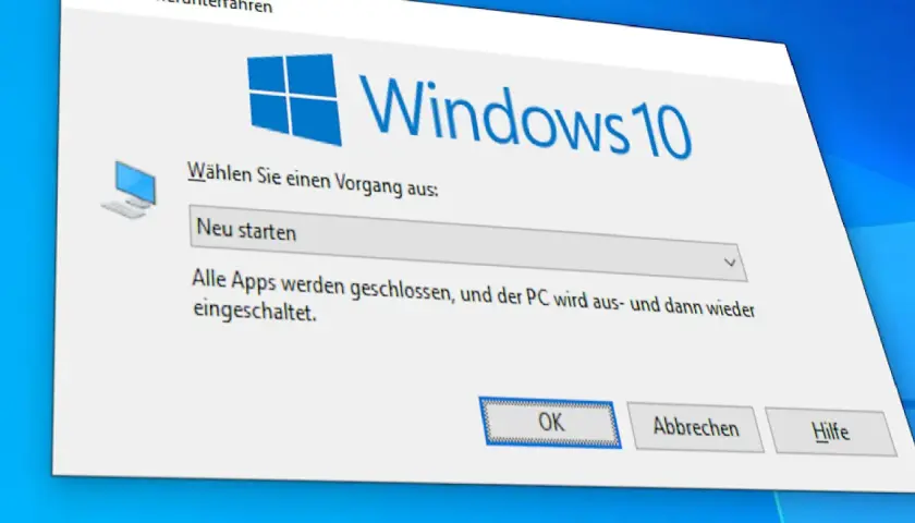 Windows 10 Dialogfeld: "Neu starten" auswählen, um den PC neu aufzusetzen. Alle Apps werden geschlossen.