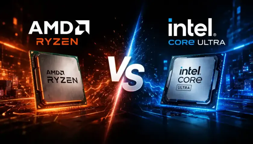 AMD Ryzen gegen Intel Core Ultra: Zwei Prozessoren im Duell, beleuchtet von feurigem Orange und kühlem Blau.