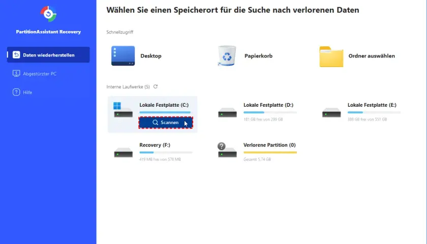 Hier suche ich, wo ich Screenshots finden kann. Die Software zeigt Laufwerke an, um Daten wiederherzustellen.