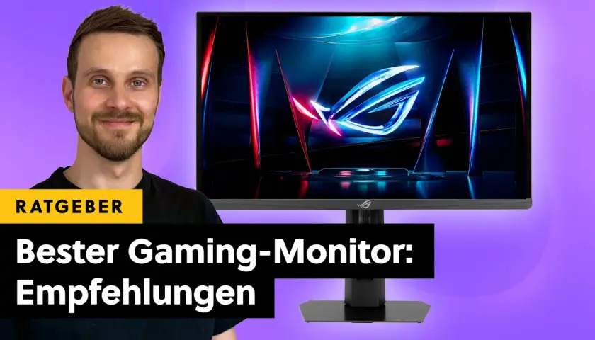 Mann lächelt neben einem Monitor mit ROG-Logo, der für 4k Gaming optimiert ist. Empfehlungen für den besten Gaming-Monitor.