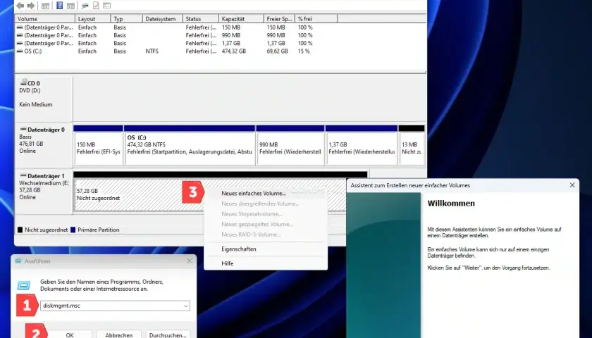 Datenträgerverwaltung zeigt, wie man einen USB-Stick formatiert, welches Format am besten geeignet ist. Der Assistent zum Erstellen neuer einfacher Volumes wird gestartet.
