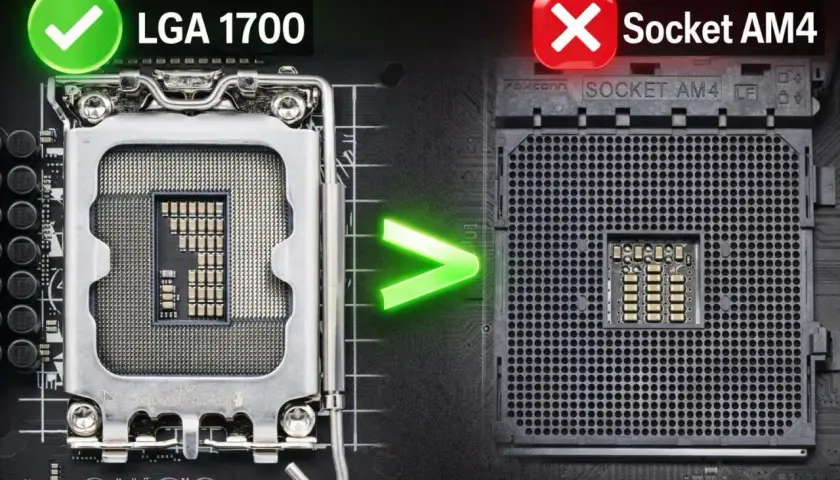 LGA 1700 Sockel mit Häkchen, daneben der Sockel AM4 mit Kreuz. Der neue Sockel ist besser.