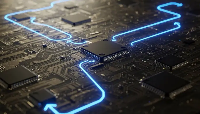 Leuchtende blaue Linien verbinden Prozessoren auf einer dunklen Platine, die an ein **mini ATX**-System erinnert.