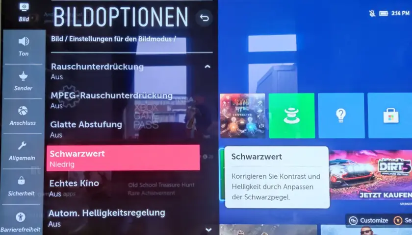 LG Bildoptionen: Schwarzwert auf Niedrig eingestellt. Möchten Sie den LG Instant Game Response ausschalten, um die Bildqualität zu optimieren?