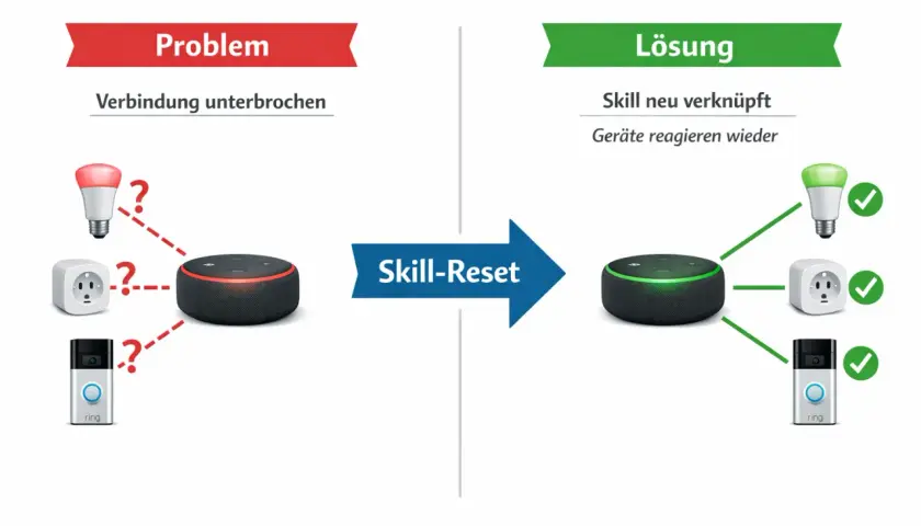 Problem: Alexa reagiert nicht, Verbindung unterbrochen. Lösung: Skill-Reset, Geräte reagieren wieder.