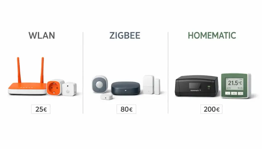 Vergleich von WLAN, Zigbee und Homematic Smart-Home-Geräten. Zigbee-Sensoren und -Hub für 80€, WLAN-Steckdosen für 25€.