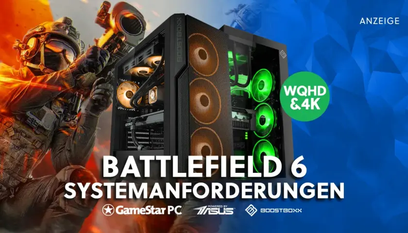 Gaming-PC mit grünen Lüftern, bereit für Battlefield 6 Systemanforderungen in WQHD & 4K.