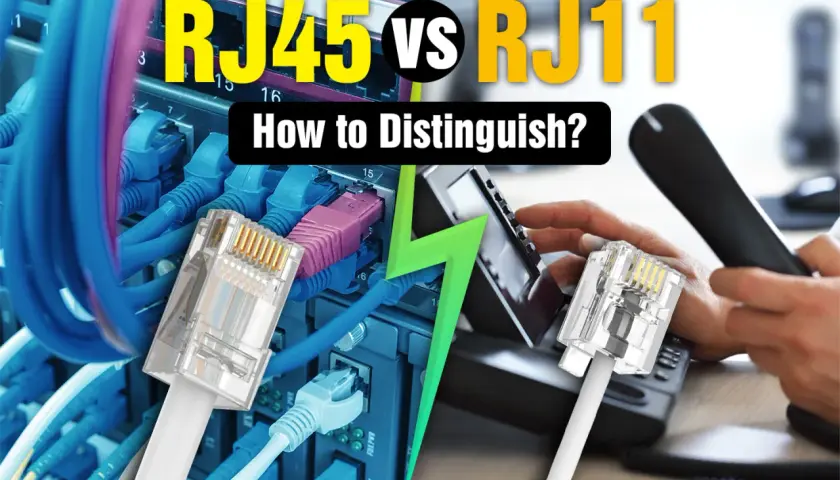 RJ45 vs RJ11: Einblick in Netzwerk- und Telefonkabel. Links ein RJ45-Stecker im Serverraum, rechts ein RJ11-Stecker an einem Telefon.
