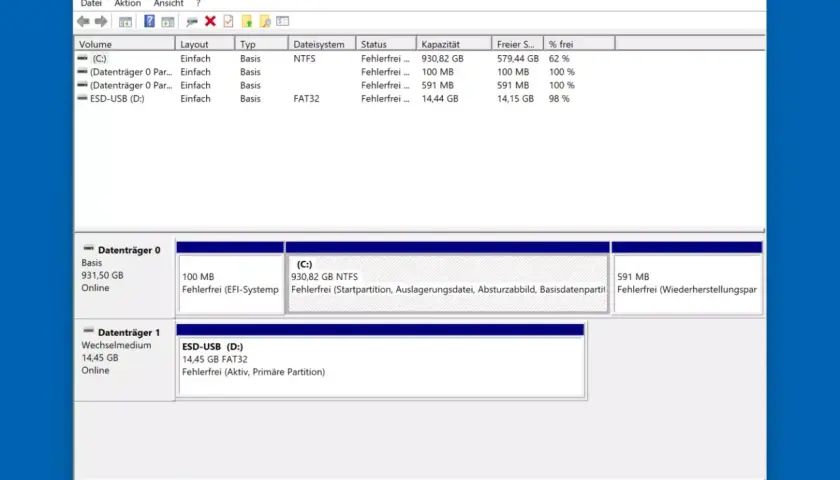 Datenträgerverwaltung zeigt, wie man die Festplatte partitionieren kann unter Windows 11. Hier sind Laufwerke C: und D: zu sehen.