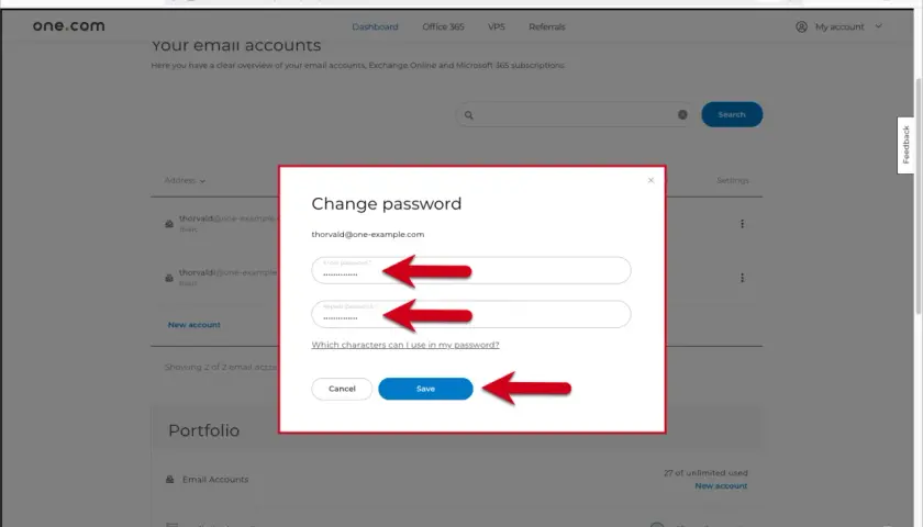 Passwort ändern für e-mail app einrichten. Eingabe neuer und wiederholter Passwortfelder, mit Pfeilen markiert.
