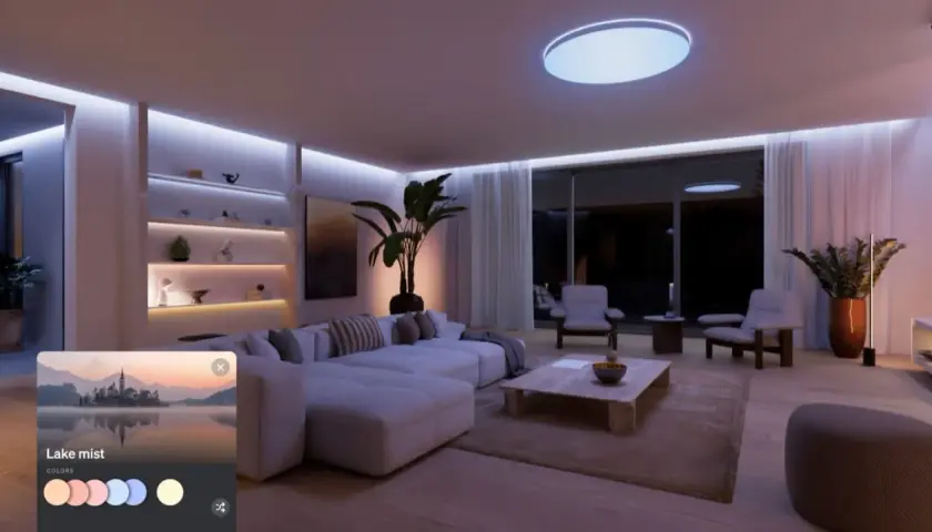 Gemütliches Wohnzimmer mit indirekter Beleuchtung, inspiriert von Philips Hue Ideen. Die Szene "Lake mist" erzeugt eine beruhigende Atmosphäre.