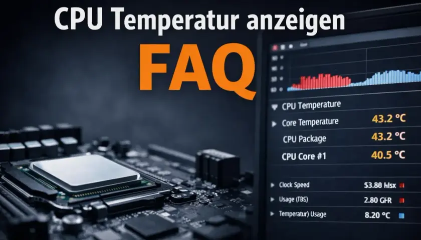 CPU Temperatur anzeigen in Windows 11: Ein FAQ-Bild zeigt eine CPU auf einem Motherboard und einen Bildschirm mit Temperaturdaten.