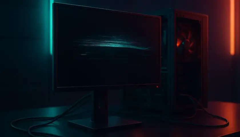 Ein dunkler Raum mit einem flackernden Bildschirm, der digitale Störungen zeigt. Daneben steht ein Computergehäuse, beleuchtet von rotem Licht.
