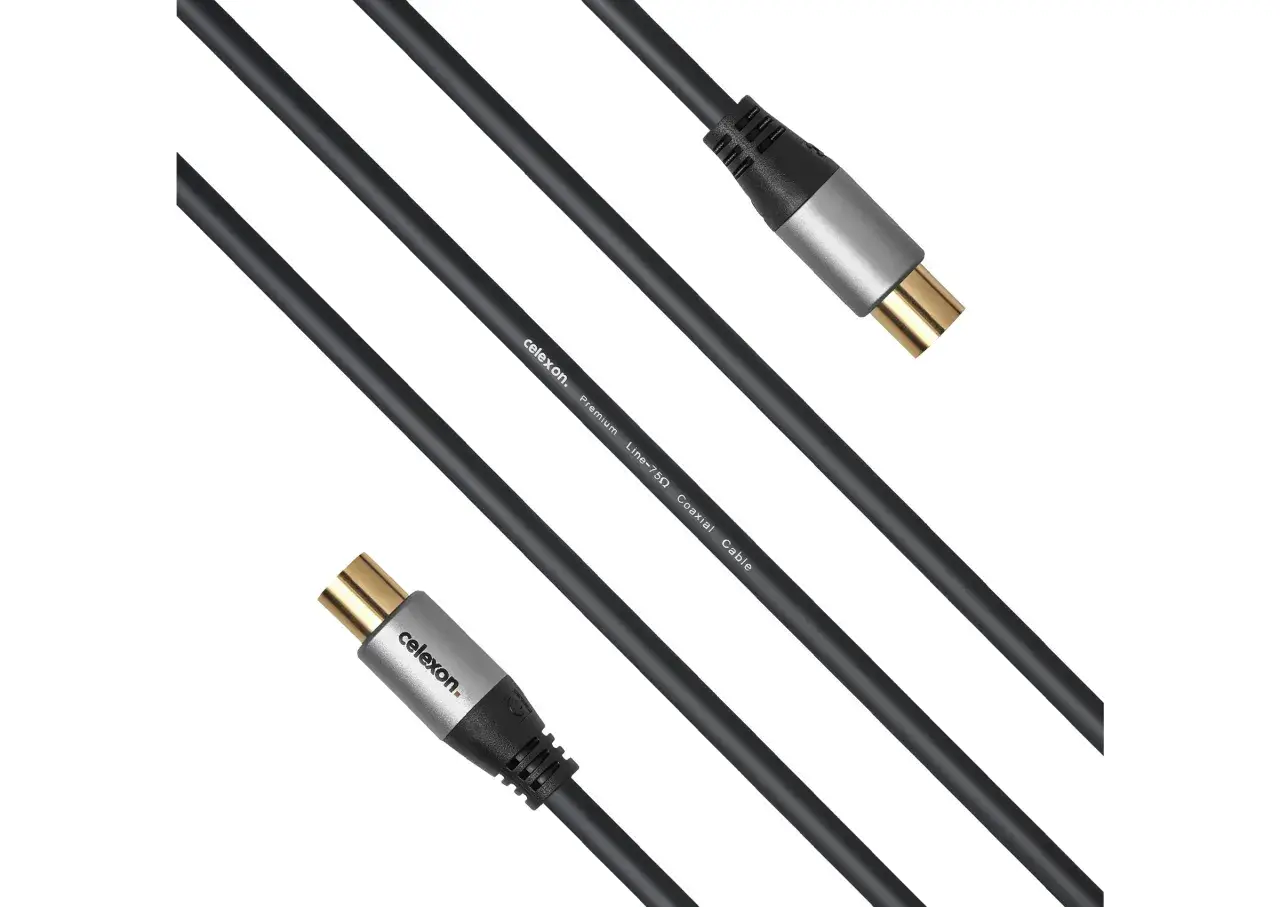 Zwei schwarze Koaxialkabel mit vergoldeten Steckern, ideal für den Anschluss an Antennen oder andere Geräte.