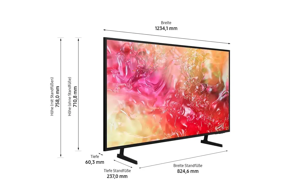 Ein Crystal UHD Fernseher mit einer Breite von 1234,1 mm. Maße für Höhe und Tiefe sind angegeben.