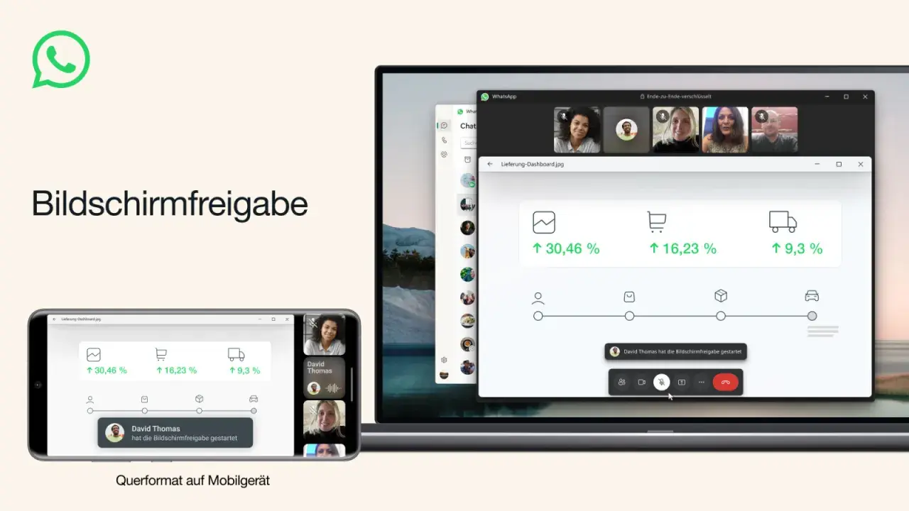 WhatsApp-Bildschirmfreigabe: David Thomas teilt ein Liefer-Dashboard auf Laptop und Handy.
